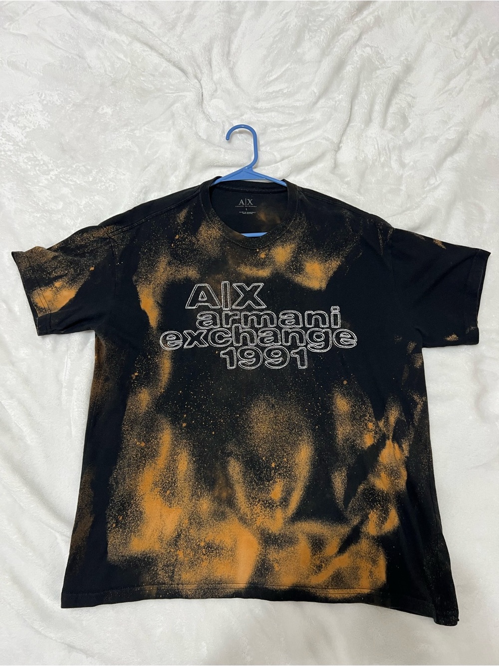 Armani Exchange Black T-Shirt with Orange Bleach-Effect Logo